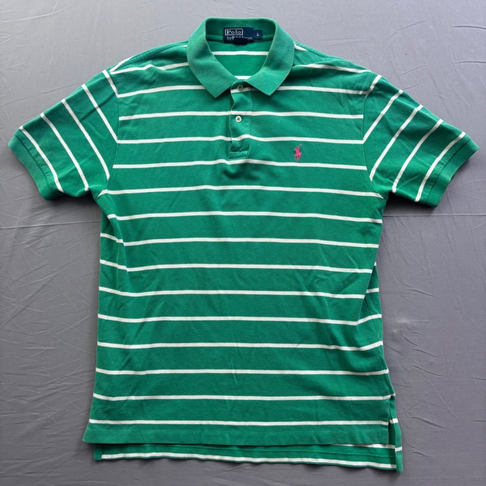 Polo Ralph Lauren‎ Mens Green White Striped Short Sleeve Polo Shirt Pink Pony L